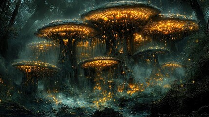 Enchanted Glowing Forest: A Fantasy Landscape of Luminous Mushrooms