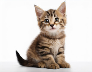 Naklejka premium Dia mundial del gato con un adorable cachorro de gato atigrado sentado de perfil maullando y mirando de frente sobre fondo blanco