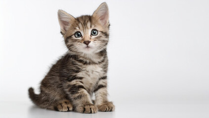 Dia mundial del gato con un adorable cachorro de gato atigrado sentado de perfil y mirando de...