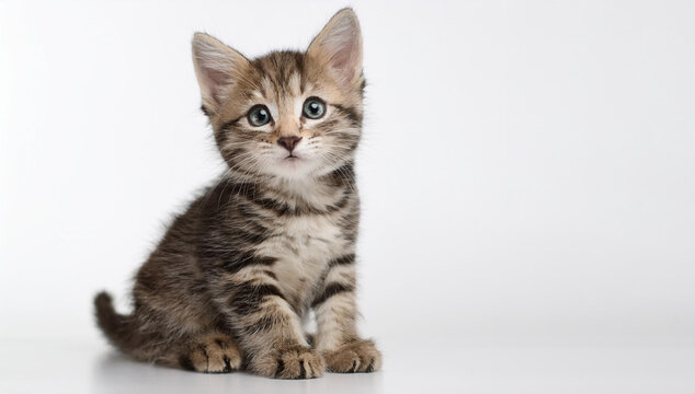 Dia mundial del gato con un adorable cachorro de gato atigrado sentado de perfil y mirando de frente sobre fondo blanco