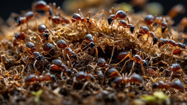An anthill in the forest, close-up view of the ants