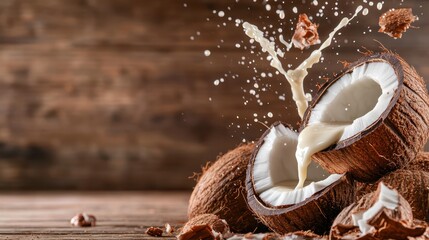 A visually striking image of a cracked coconut with creamy milk splashing out, evoking a tropical vibe and freshness that enhances its raw and natural appeal.