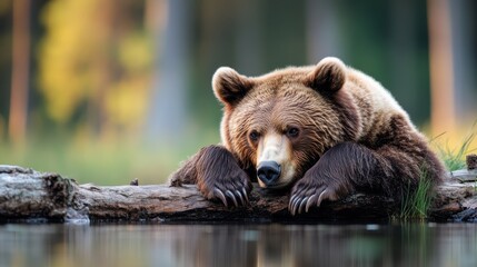 Fototapeta premium A serene brown bear rests on a log by the water, embodying tranquility and connection to nature in a lush forest environment, showcasing raw wildlife beauty.