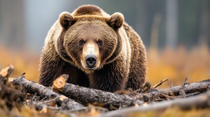 Fototapeta premium A striking brown bear stands proudly in a vibrant autumn landscape, symbolizing strength and resilience while embodying the raw beauty of nature's seasonal changes.