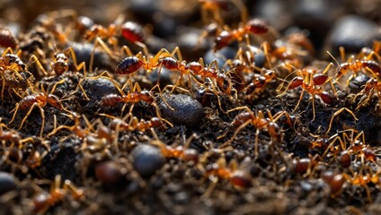 An anthill in the forest, close-up view of the ants