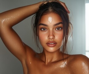 Young hispanic female with glowing skin and wet hair in a natural light setting