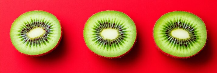 Fototapeta premium Three Slices of Kiwi Fruit on Red - Close-up of three perfectly sliced kiwi fruits arranged on a vibrant red background. Fresh, healthy, and visually appealing