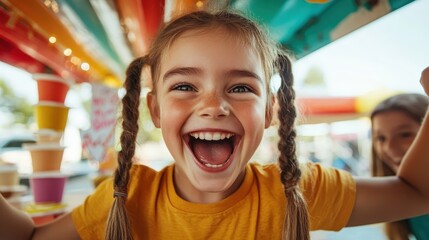 A cheerful girl with pigtails bursts with excitement at a carnival, her beaming smile reflecting pure joy and the vibrant, fun atmosphere of a summer fair.
