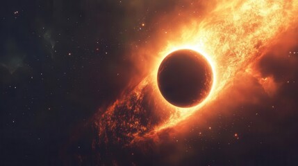 Obraz premium Stunning Realistic Solar Eclipse Illustration Featuring the Moon Embracing the Sun in a Dramatic Celestial Dance with Captivating Cosmic Detail