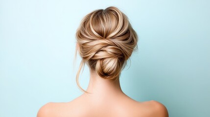This image captures a stylish twisted hairstyle, showcasing the complexity and artistry of the design from the back with a subtle, calming background.