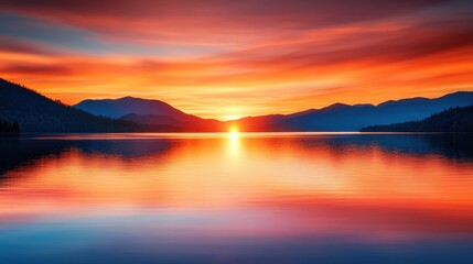Naklejka premium A breathtaking sunset over a tranquil lake, with vibrant hues of orange and purple reflecting on the water