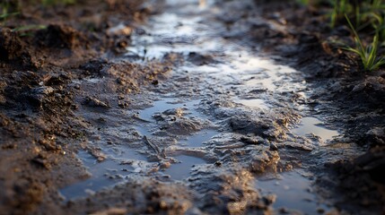 Close-up view of a muddy path with puddles reflecting the light. The texture of the wet earth is prominent. Muddy Path Reflections: A Close-Up of a Waterlogged Trail