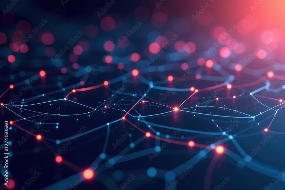 Wall mural intricate digital network with twinkling nodes in blue and red lights reflecting data connectivity a