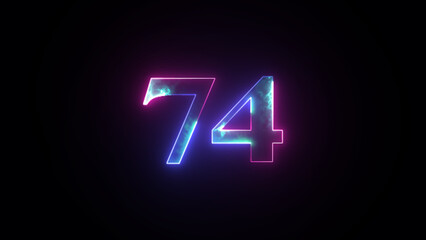 Abstract glowing neon number "74''. Blue and purple neon futuristic effect. Trendy glow lighting