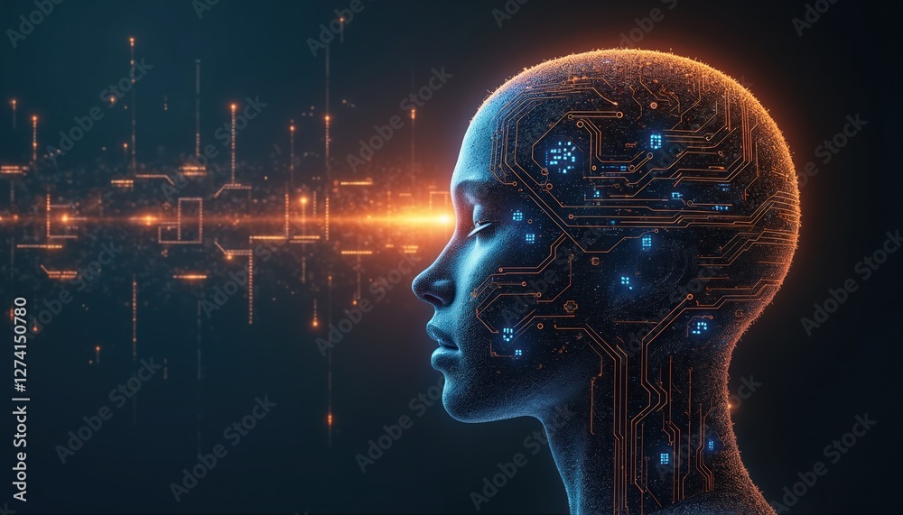 Aufkleber Illustration of AI brain with circuit board texture. Concept of artificial intelligence machine learning deep data mining neural network. Digital brain thinks, creates innovative tech, analyzes data.