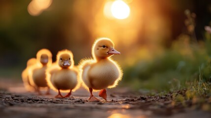 A delightful group of fluffy ducklings crossing a sunlit path, capturing the essence of youthful innocence and joy as they explore their natural environment together.