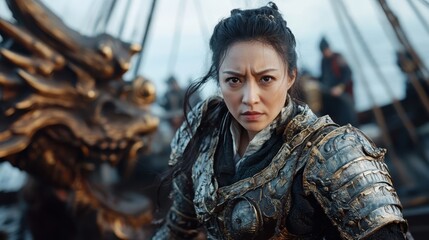 A strong warrior stands poised for action amidst a chaotic battlefield, showcasing a blend of ferocity and resilience in the face of impending danger.