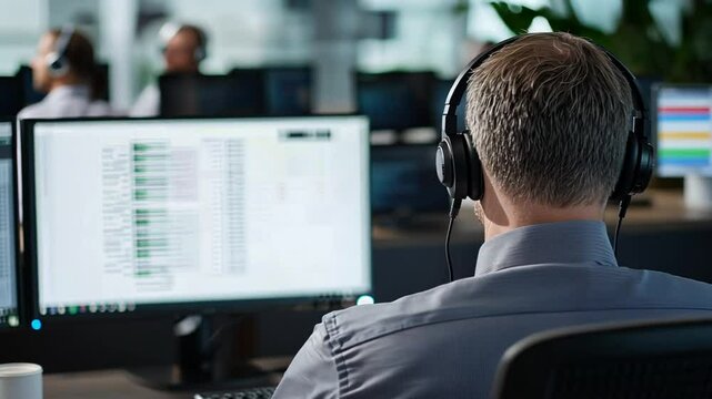 Financial advisor in a bustling call center, equipped with a headset, ready to assist clients. - Powered by Adobe