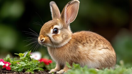Fototapeta premium A gentle bunny sitting gracefully among colorful flowers, symbolizing nature's beauty and evoking a sense of peace and joy in a serene garden setting.
