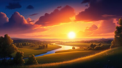 Fototapeta premium A stunning sunset over a serene landscape, where a meandering river reflects the warm hues of the sky. Lush fields and gentle hills create a picturesque natural scene.