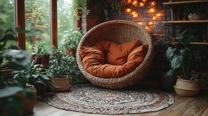 Obraz premium This warm and inviting interior features a round, woven chair adorned with orange cushions, surrounded by lush green plants and soft lighting.