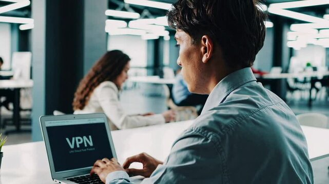 Professional employee connecting to secure vpn on laptop, working in corporate environment with heightened digital privacy protection through slow motion cinematography