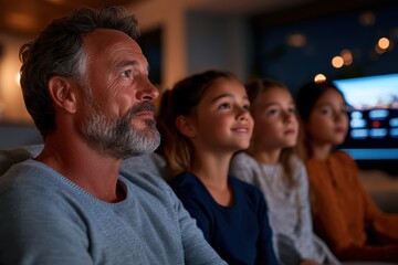 Obraz premium A serene family moment as a father and his three daughters share an evening indoors, showcasing love and connection within a cozy ambiance of family togetherness.