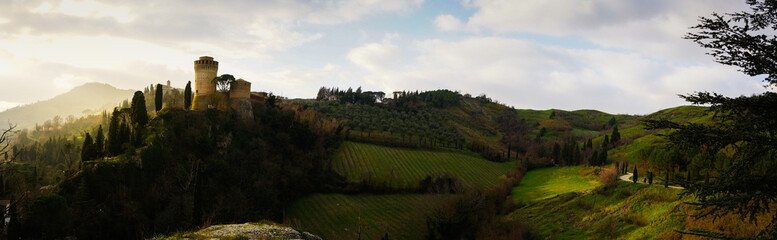 Brisighella castle and hayfield, Emilia Romagna, Italy
