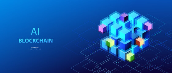 Blockchain cubes banner. Connected cube blocks. Ai data technology background. Cryptocurrency network vector.