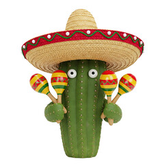 A cheerful cactus wearing a sombrero and holding maracas, celebrating Mexican culture, isolated on a white background.