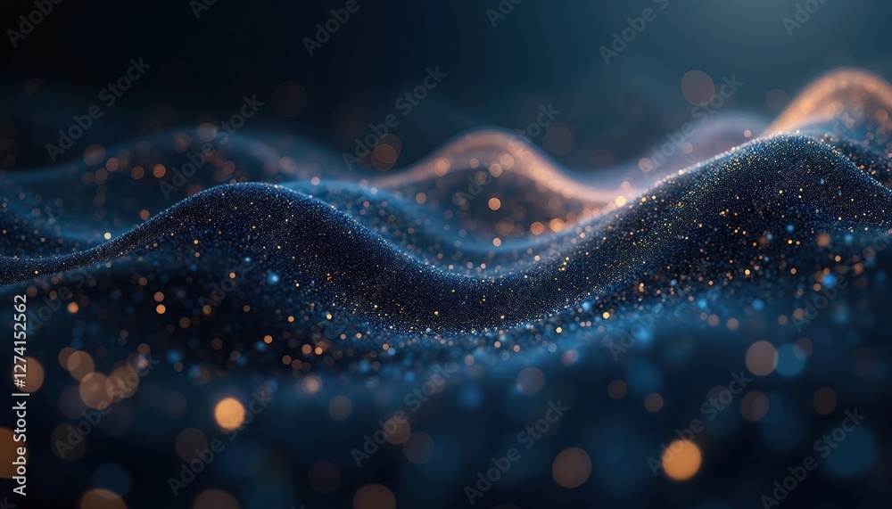 Fototapete tech abstract background with depth of field. wave consist of small gold, blue dots, digital informa