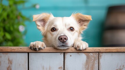 A golden dog with a bright, expressive face curiously peeks over a wooden fence, exuding friendliness and inviting interaction. This portrait captures the playful essence of canine companionship.