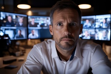 A man is intensely focused in a modern office, surrounded by multiple screens displaying video feeds, signifying a high-stakes environment of monitoring and analysis.