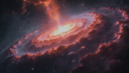 A mesmerizing depiction of a spiral galaxy radiating bright energy, surrounded by a cosmic backdrop, representing the universe's power and beauty in stunning detail.