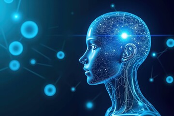 Futuristic Cybernetic Human Head with Digital Neural Connections and Glowing Elements in a Dark Blue Environment Reflecting Advanced Technology Concepts