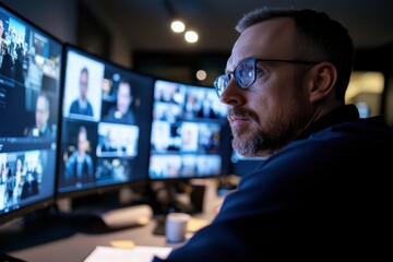 In a dynamic environment, a bearded man thoughtfully observes a set of screens displaying important video data, showcasing a critical role in decision-making processes.