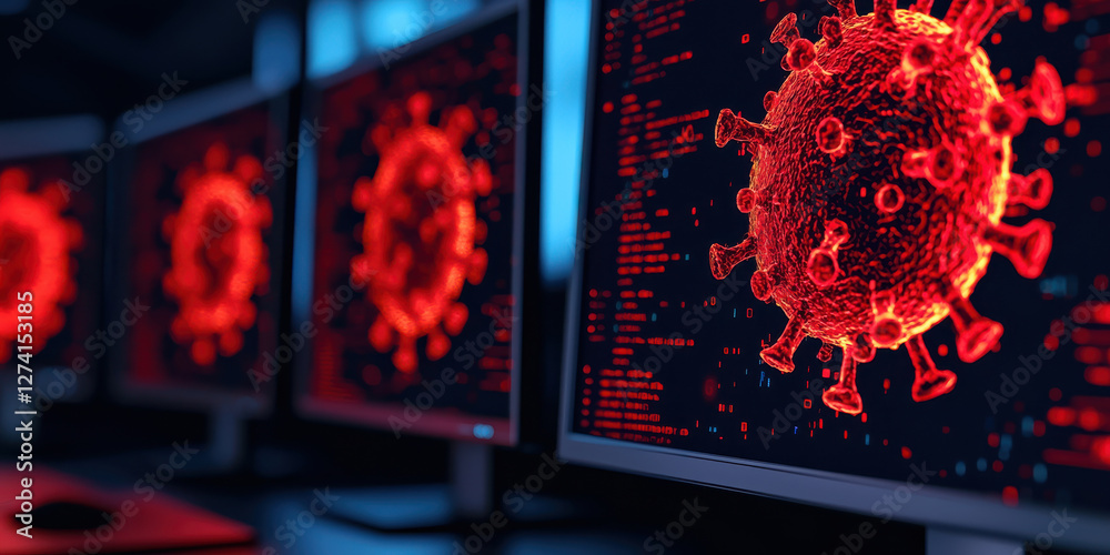Poster phishing email concept, dark room with multiple monitors displaying virus graphics and data