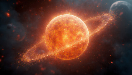 Fototapeta premium A stunning visual of a fiery planet surrounded by radiant rings, set against a backdrop of galactic elements enhancing its vibrant appearance. Perfect for science fiction themes.