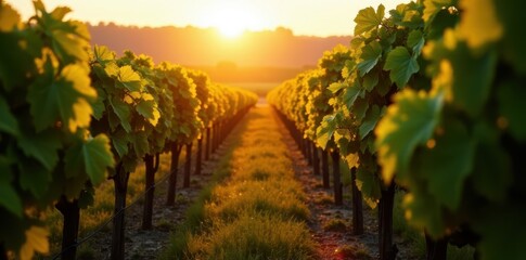 Golden hour light on neatly aligned grapevines , vineyard background, vineyard, summer
