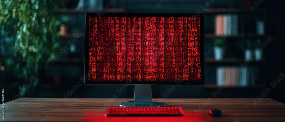 Poster phishing email concept, red computer screen displaying digital glitch and system compromised error