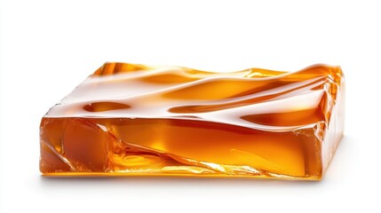 An exquisite piece of amber jelly displays a mesmerizing texture and transparent quality, offering an artistic focus for food and culinary photography.