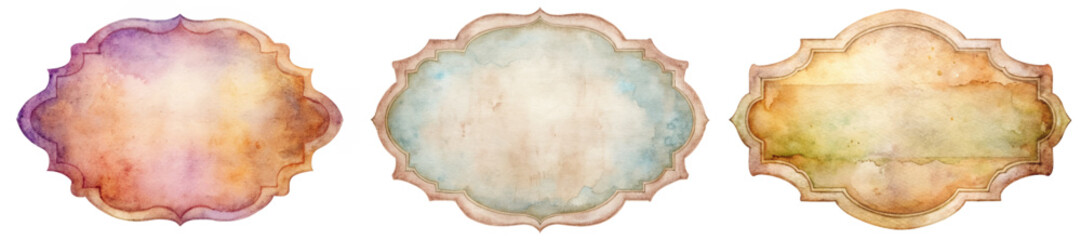 Watercolor frames, decorative shapes, soft colors, vintage style, artistic design, blank templates, creative backgrounds.
