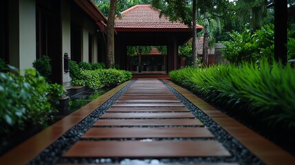 Serene tropical pathway leading to traditional architecture