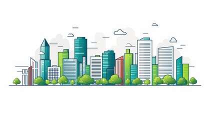 Skyline city illustration with trees, clouds, and sky; concept for eco-friendly urban living