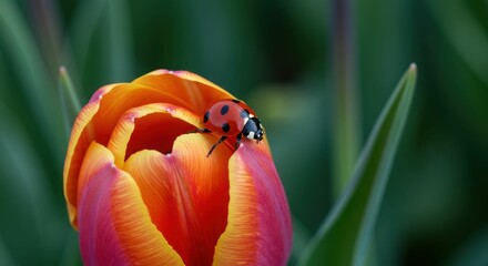 Ladybug resting on vibrant orange and pink tulip with lush green background