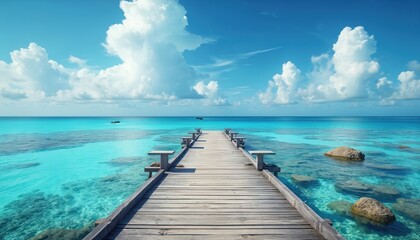 Fototapeta premium Seascape illustration of Caribbean resort. Turquoise sea view from pier stretching to horizon. Azure water with rocks underwater. Tropical vacation background. Heaven on earth concept. Caribbean