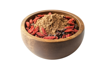 A wooden bowl filled with goji berries and herbal powder inviting culinary exploration isolated on transparent background