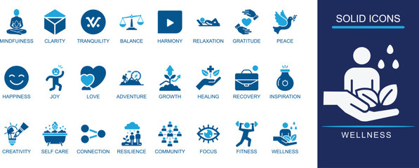  wellness icon set Mindfulness, Meditation, Nutrition, Balance, Harmony, Tranquility, Serenity, Gratitude,