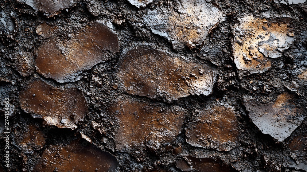 Poster close-up view of a dark brown and bronze abstract texture resembling cracked earth or a metallic sur