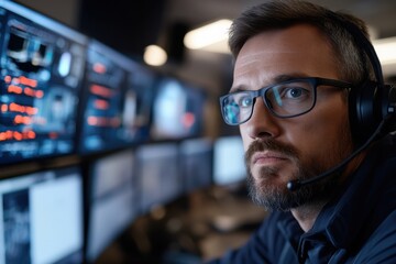 A focused tech professional wearing glasses and a headset intently analyzes complex data displayed on multiple screens in a high-tech control room environment.